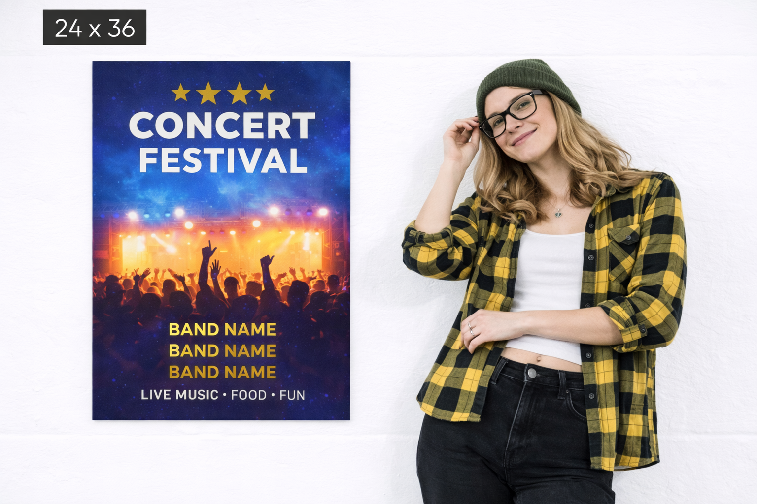 24 x 36 inches poster featuring a vibrant concert festival design with text for bands and event details, alongside a woman in a plaid shirt and beanie, illustrating high-impact wheatpasting for urban marketing.