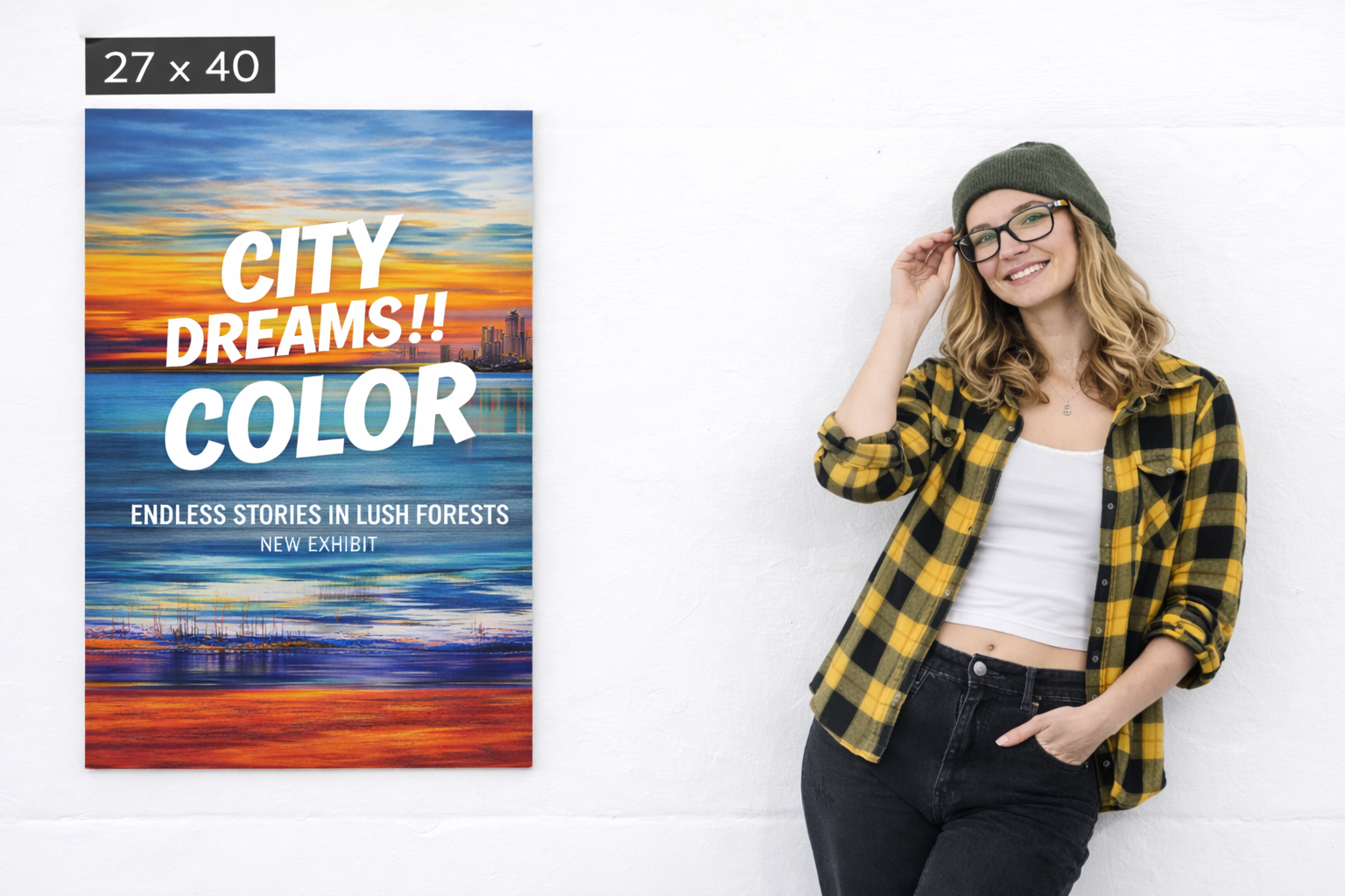 City Dreams!! Color exhibit poster (27 x 40 inches) featuring vibrant sunset colors and a woman in a plaid shirt, promoting visual impact for street marketing.